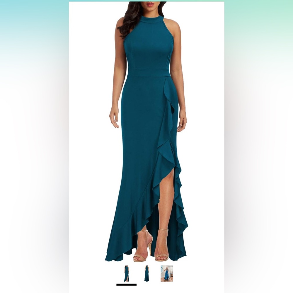 High Neck Mermaid Evening Cocktail Long Dress- Teal XL